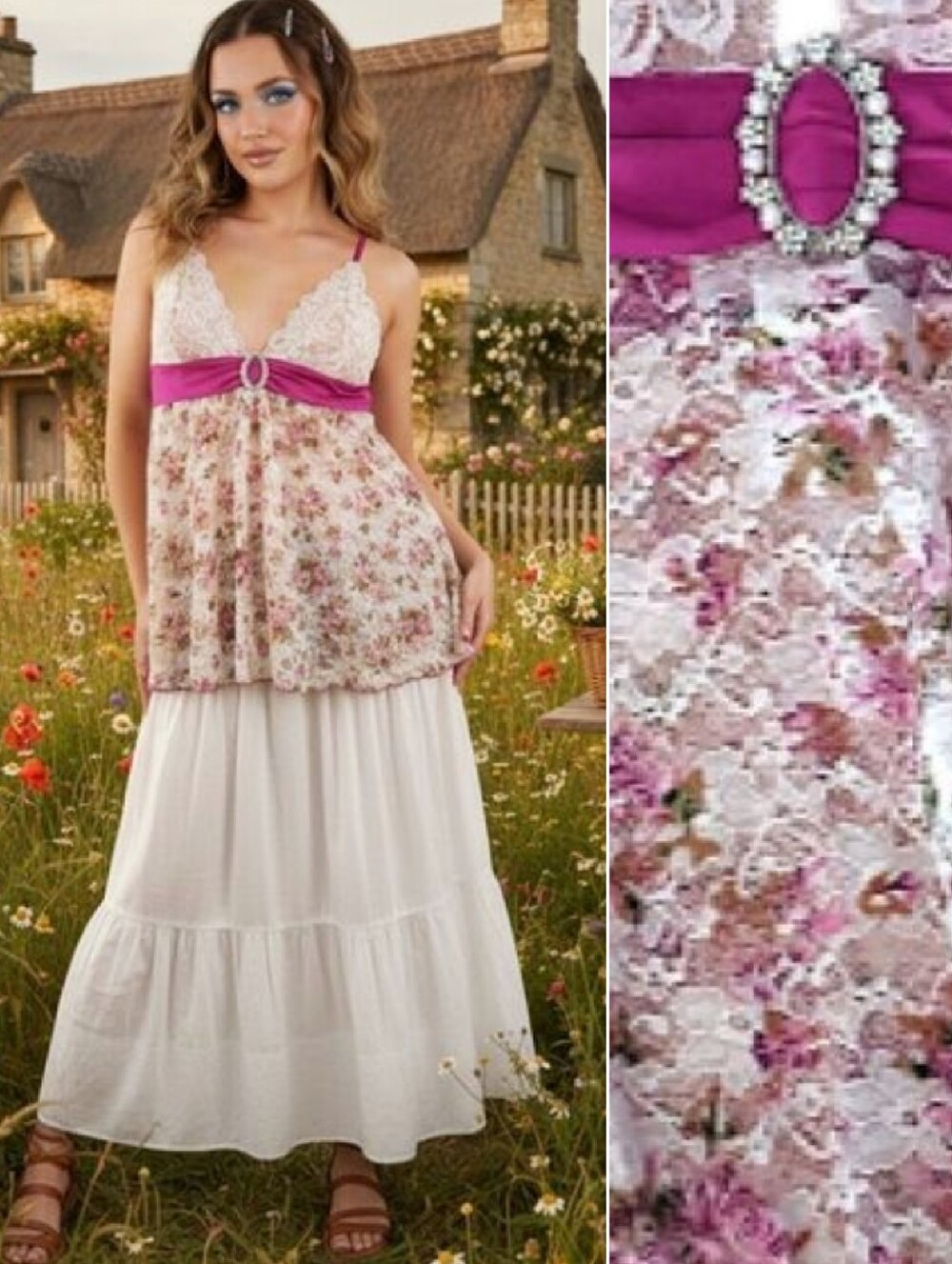 VTG Y2K Coquette Floral Lace Embellished Babydoll Cami XL Tunic Top